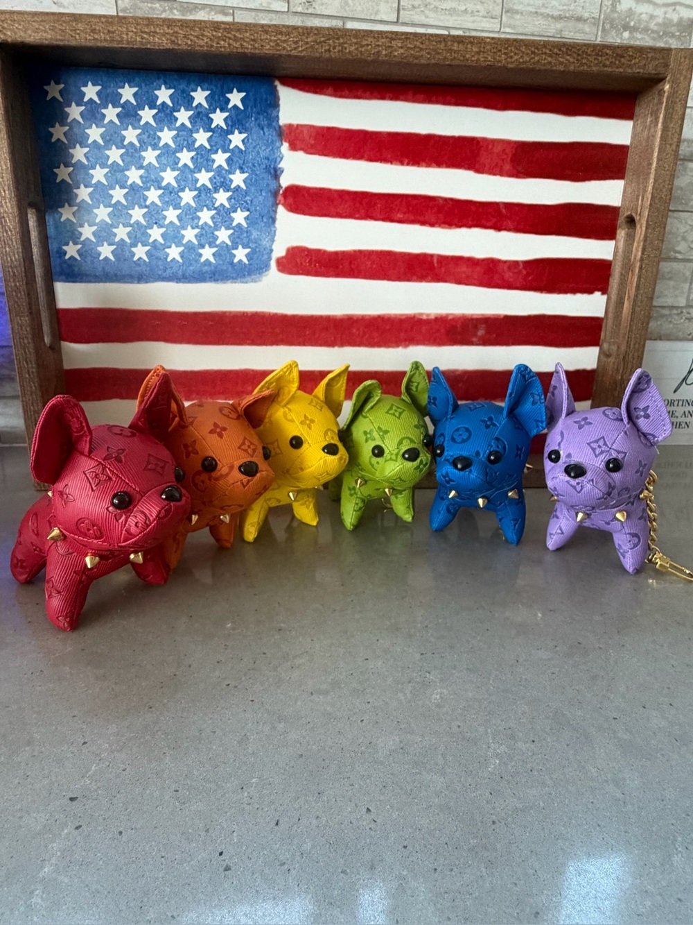 6 French Bulldog  Pet Plush Keychain - bagcharms Rainbow Colors (Red to Purple)